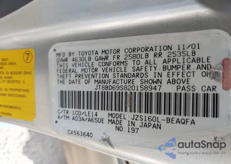 2002 Lexus Gs 300 z USA, uszkodzony, nr VIN JT8BD69S820158947